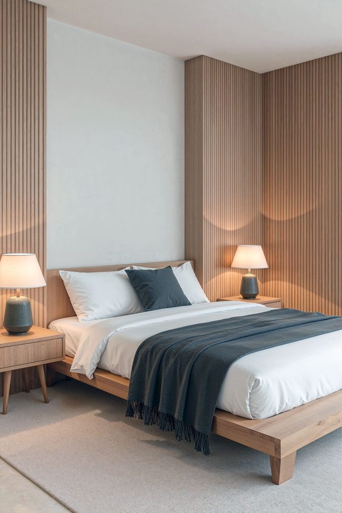 Japandi small bedroom sleek wood paneling & modern warmth