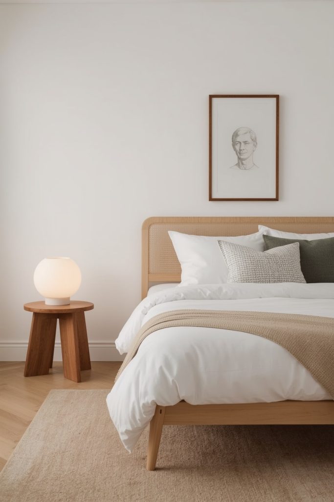 Japandi small bedroom subtle curves for modern serenity