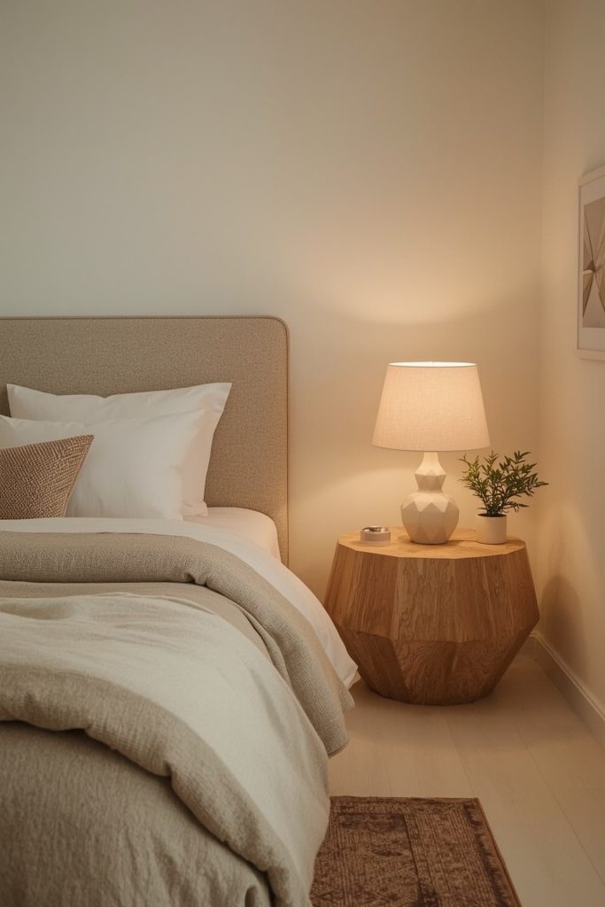 Japandi small bedroom subtle geometry & modern nightstand