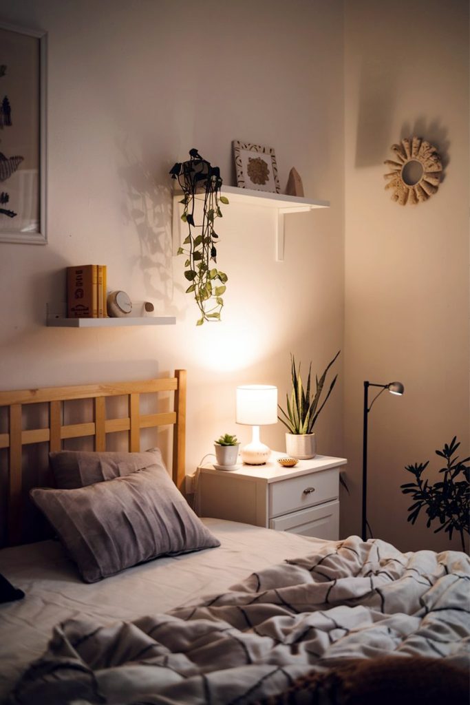 Japandi small bedroom warm glow from bedside lamps