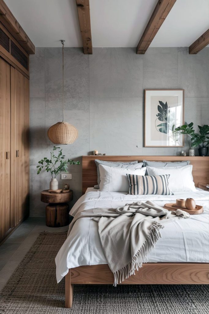 Japandi small bedroom warmth of wood & soft textiles