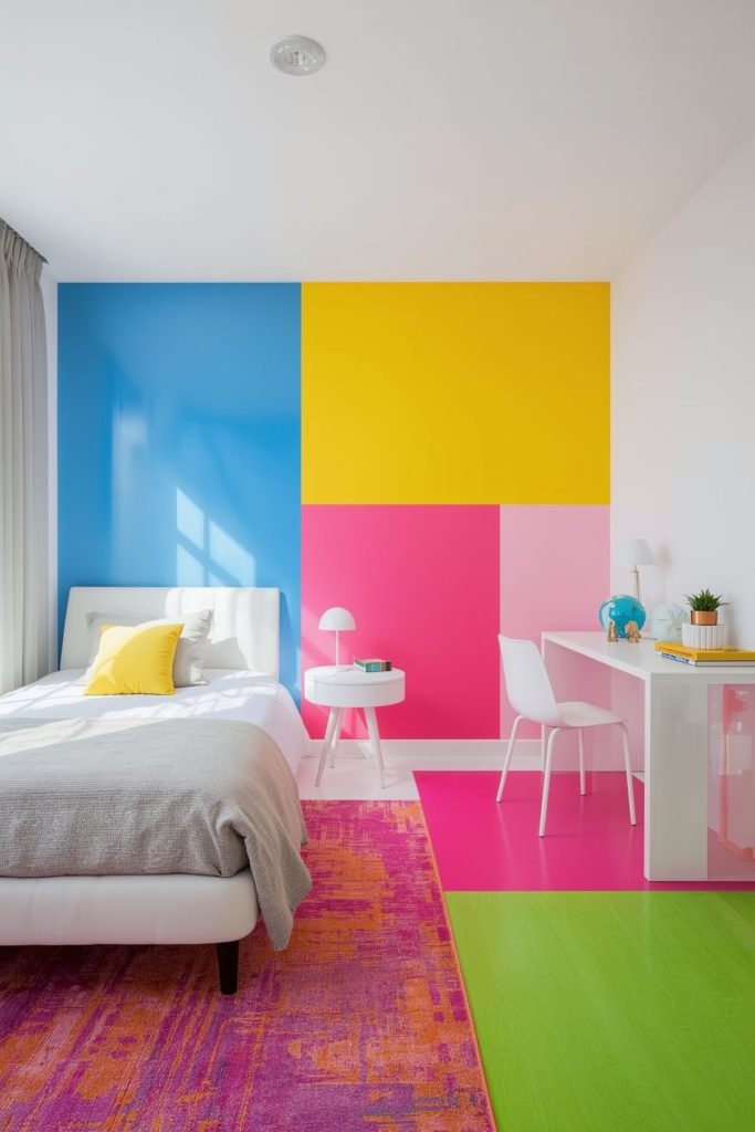 Kids' bedroom graphic aesthetic with floor color blocking
