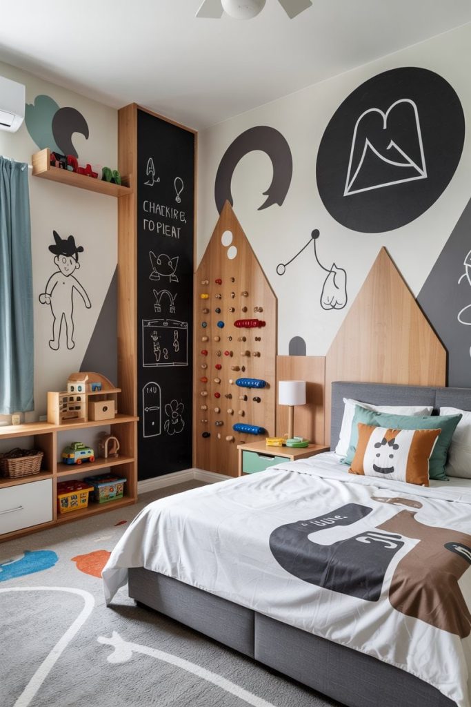Kids' bedroom interactive climbing wall & creative expression