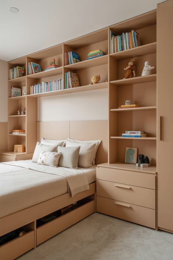 Kids' bedroom maximized space with built in storage