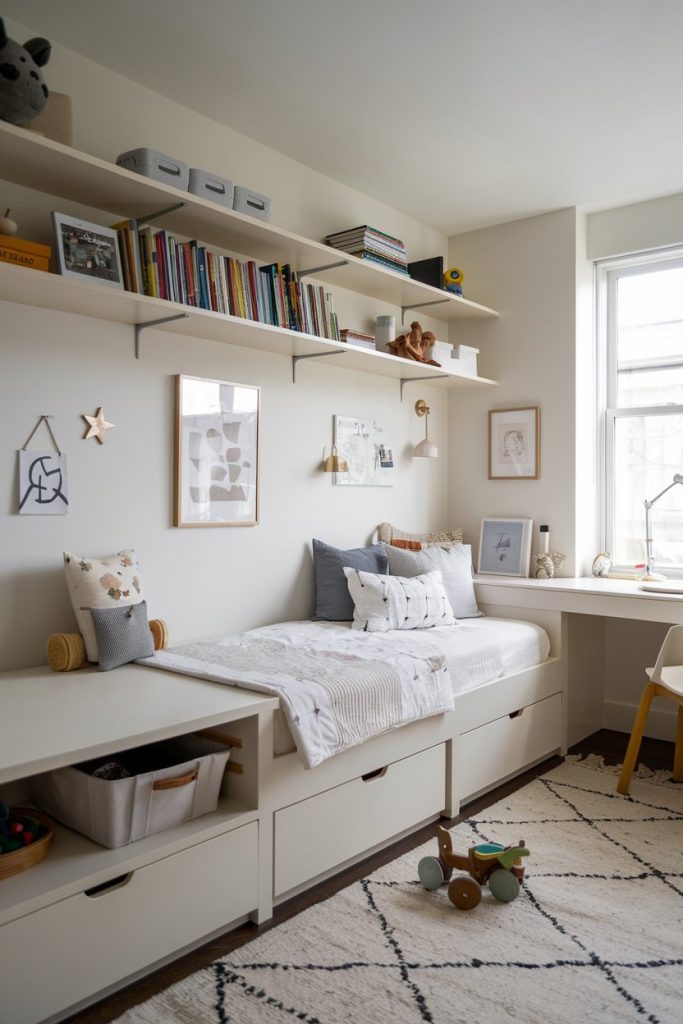 Kids' bedroom minimize clutter with built in storage