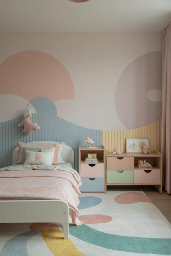 Kids' bedroom muted hues & playful pastel patterns