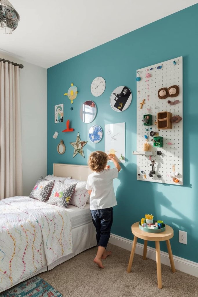 Kids' bedroom pegboard system & dynamic wall art