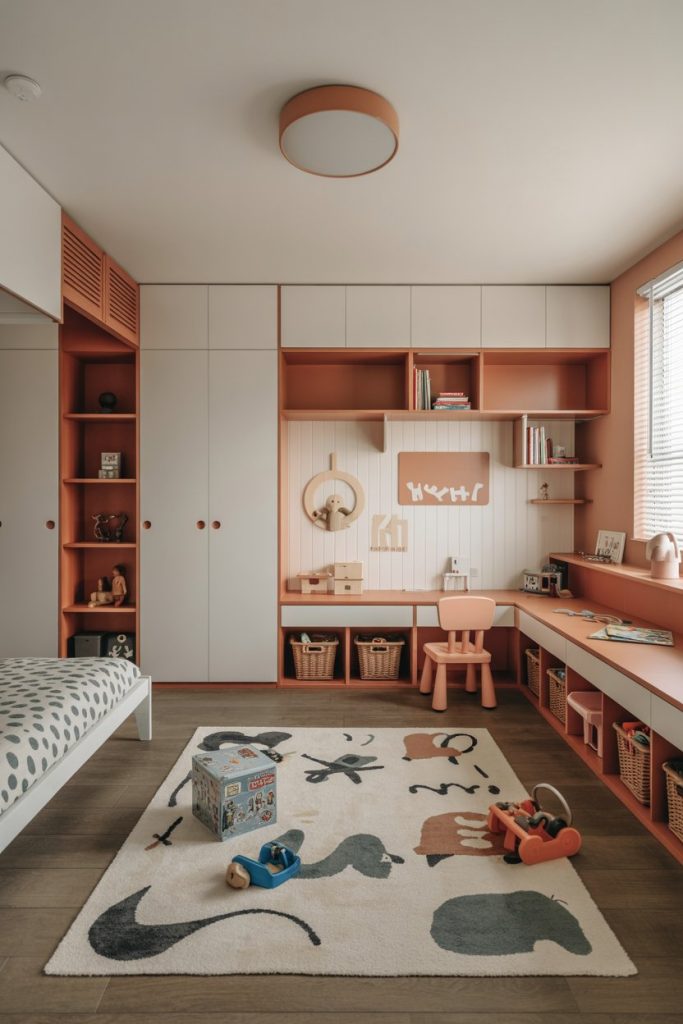 Kids' bedroom play zone defined space & organized storage