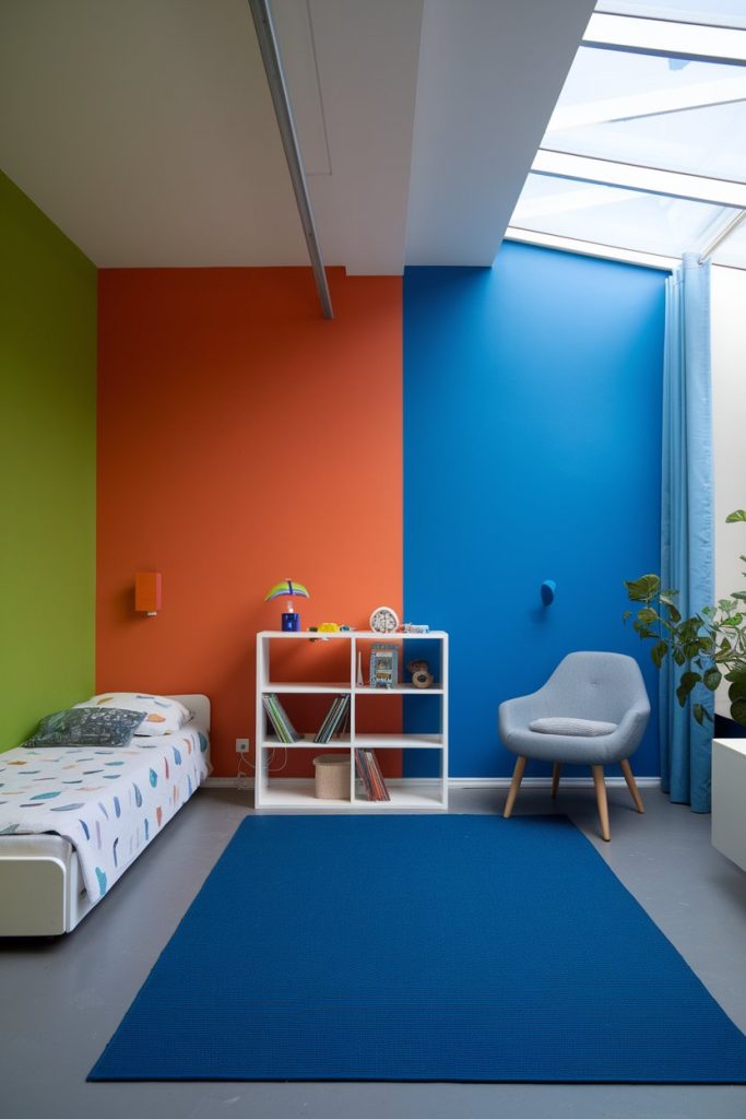Kids' bedroom vibrant wall blocks & play zone definition