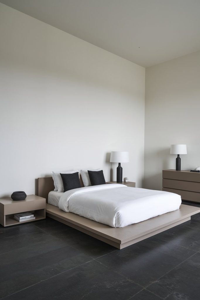 Minimalist bedroom low profile furniture & visually calming