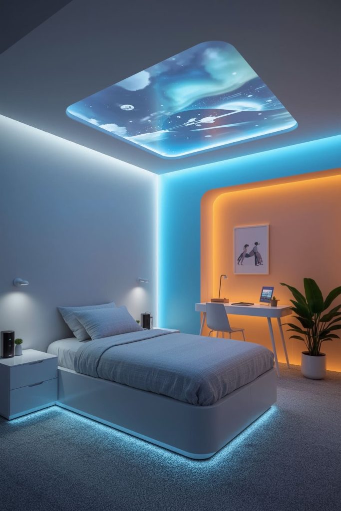 Modern kids' bedroom futuristic ambiance & color changing lights
