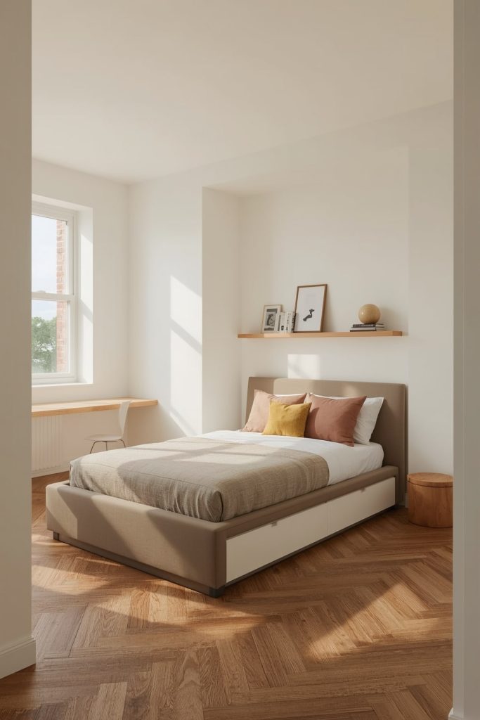 Modern minimalist kids' bedroom built in storage & clean lines