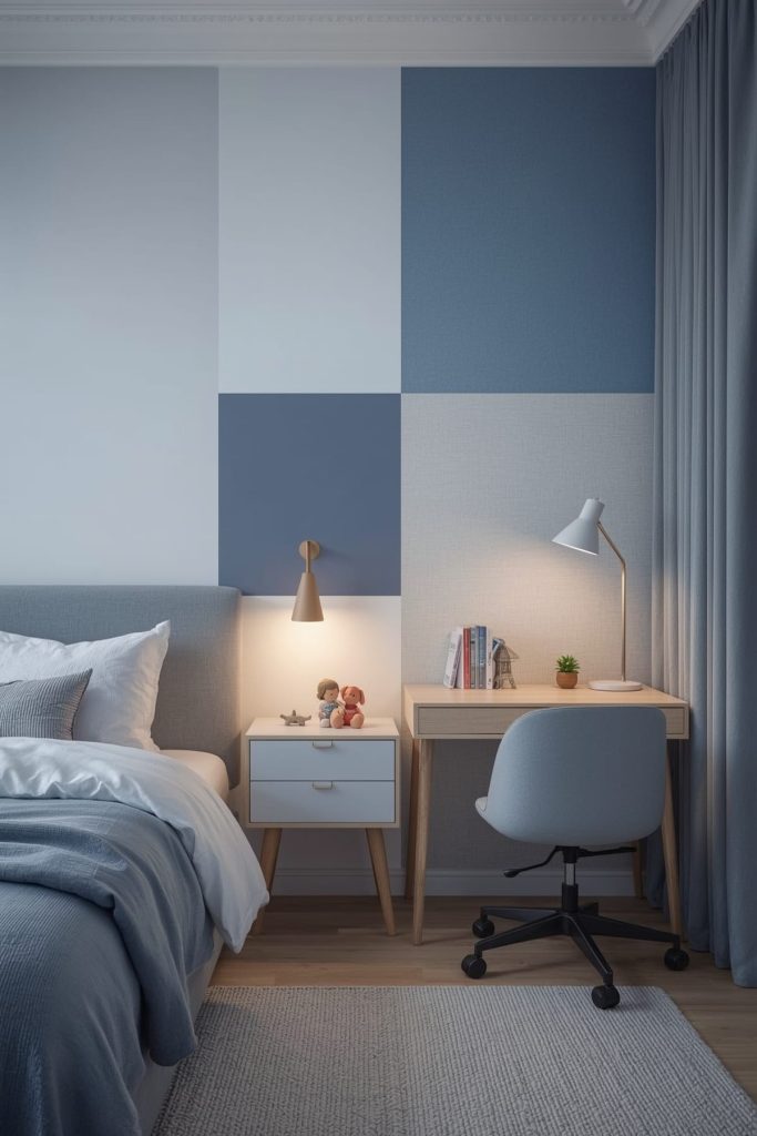 Monochromatic kids' bedroom blue tints & dynamic depth