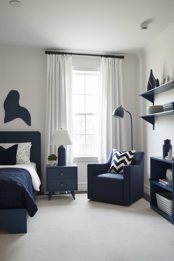 Monochromatic kids' bedroom calming blue & varied textures