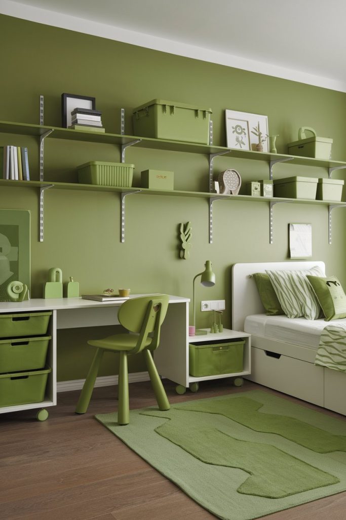 Monochromatic kids' bedroom green dominance & playful texture