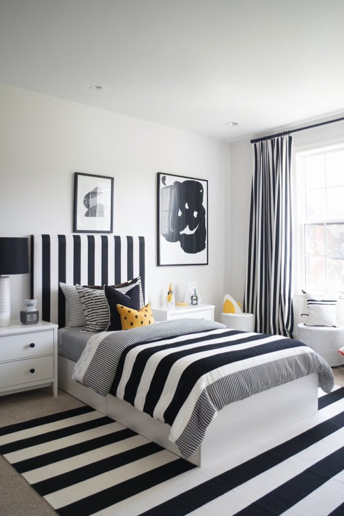 Monochrome kids' bedroom chic stripes & playful pop of color