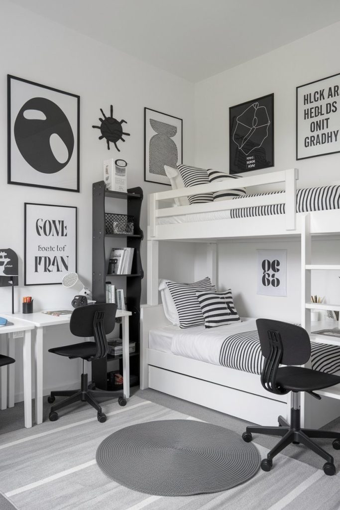 Monochrome kids' bedroom graphic stripes & organized space