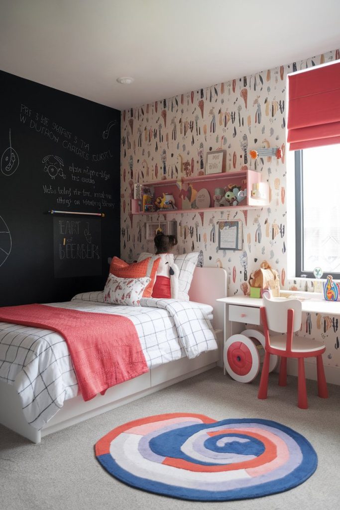 Playful kids' bedroom interactive chalkboard & vibrant walls