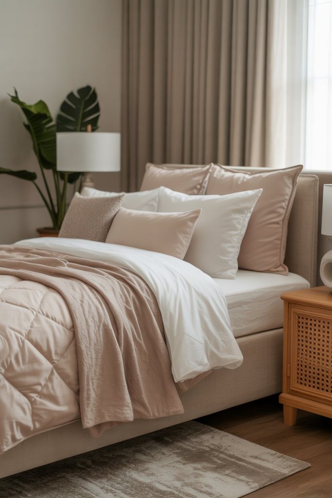 Simple bedroom soft hues & layered tones for restful ambiance