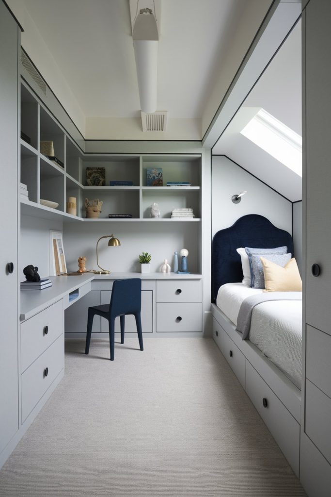 Sleek kids bedroom streamlined furniture & cohesive color