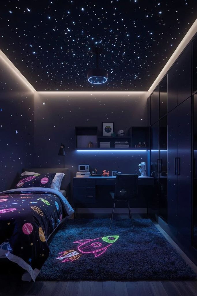 Space themed kids' room cosmic retreat & futuristic lighting