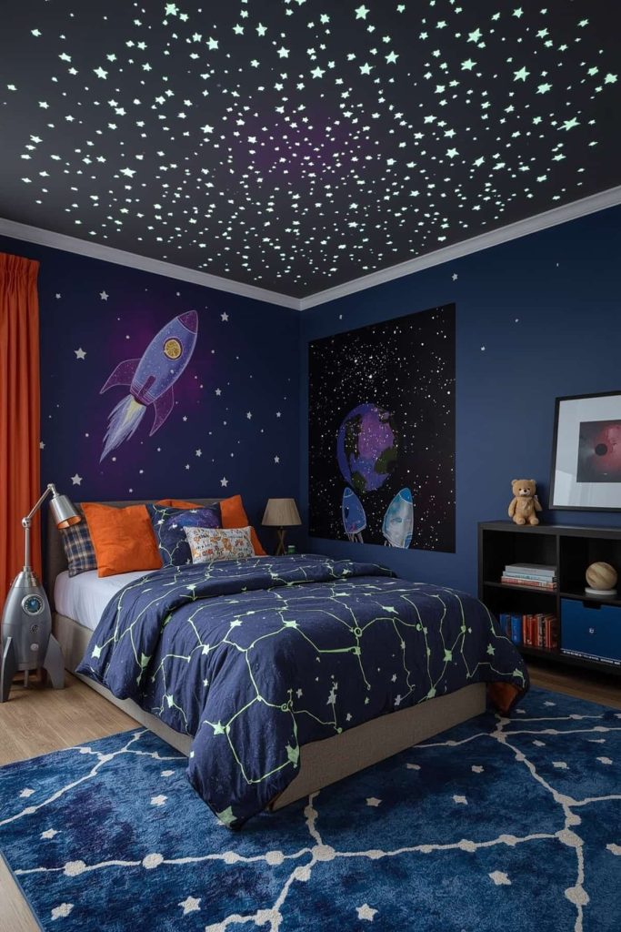 Space themed kids' room glow in the dark stars & rocket motifs