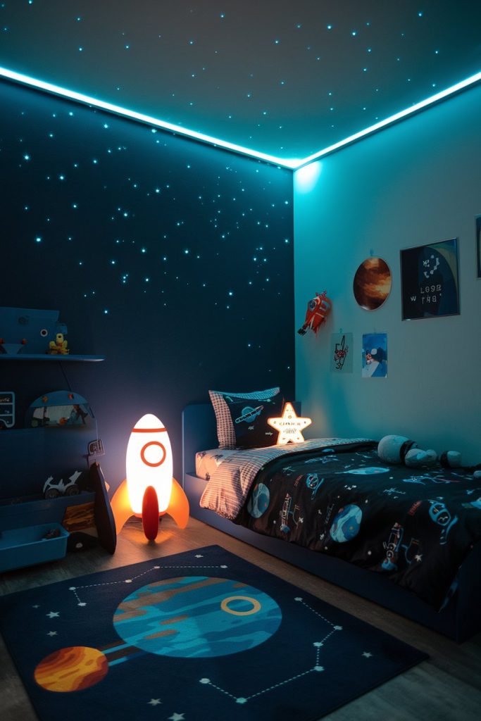 Space themed kids' room immersive starry design & neon accents