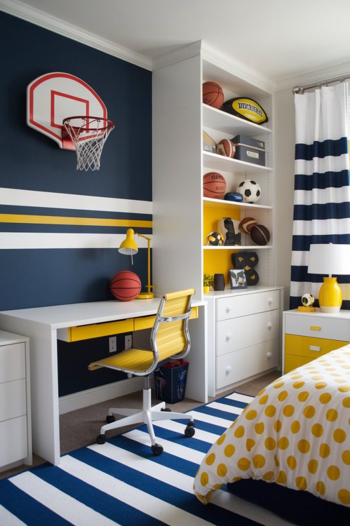 Sports inspired kids' room active play & displayed memorabilia