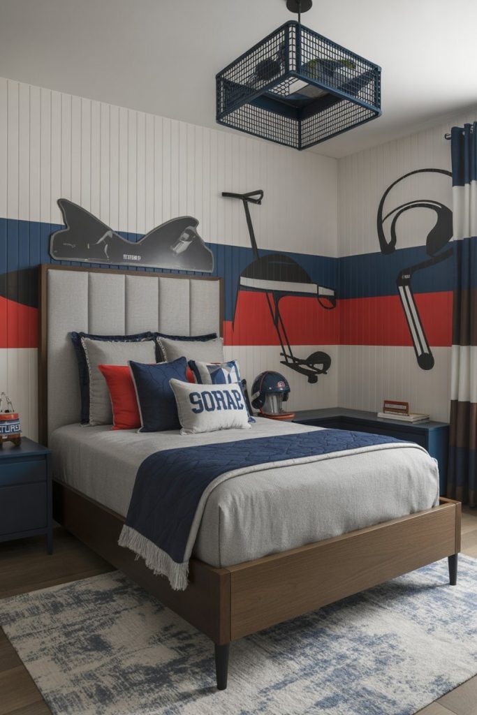 Sporty chic kids' bedroom dynamic stripes & abstract sports