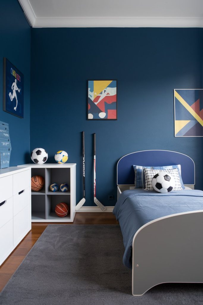 Sporty chic kids' bedroom subtle sports & sophisticated blue